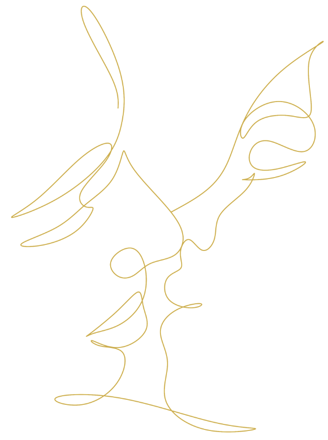 a man and a woman kissing in gold outline