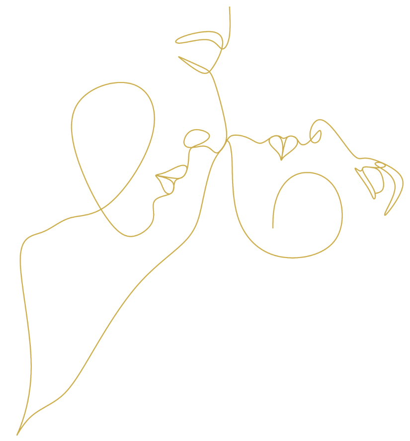 a woman with her head leaned back and a man leaning over her neck in gold outline