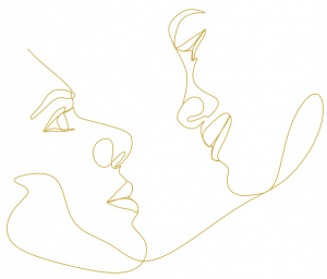 a man and a woman in gold outline gazing into each others eyes